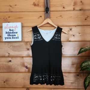 Cache 💜 Black Laser Cutout Peplum Ruffle Blouse V Neck Sleeveless Top V-Neck XS
